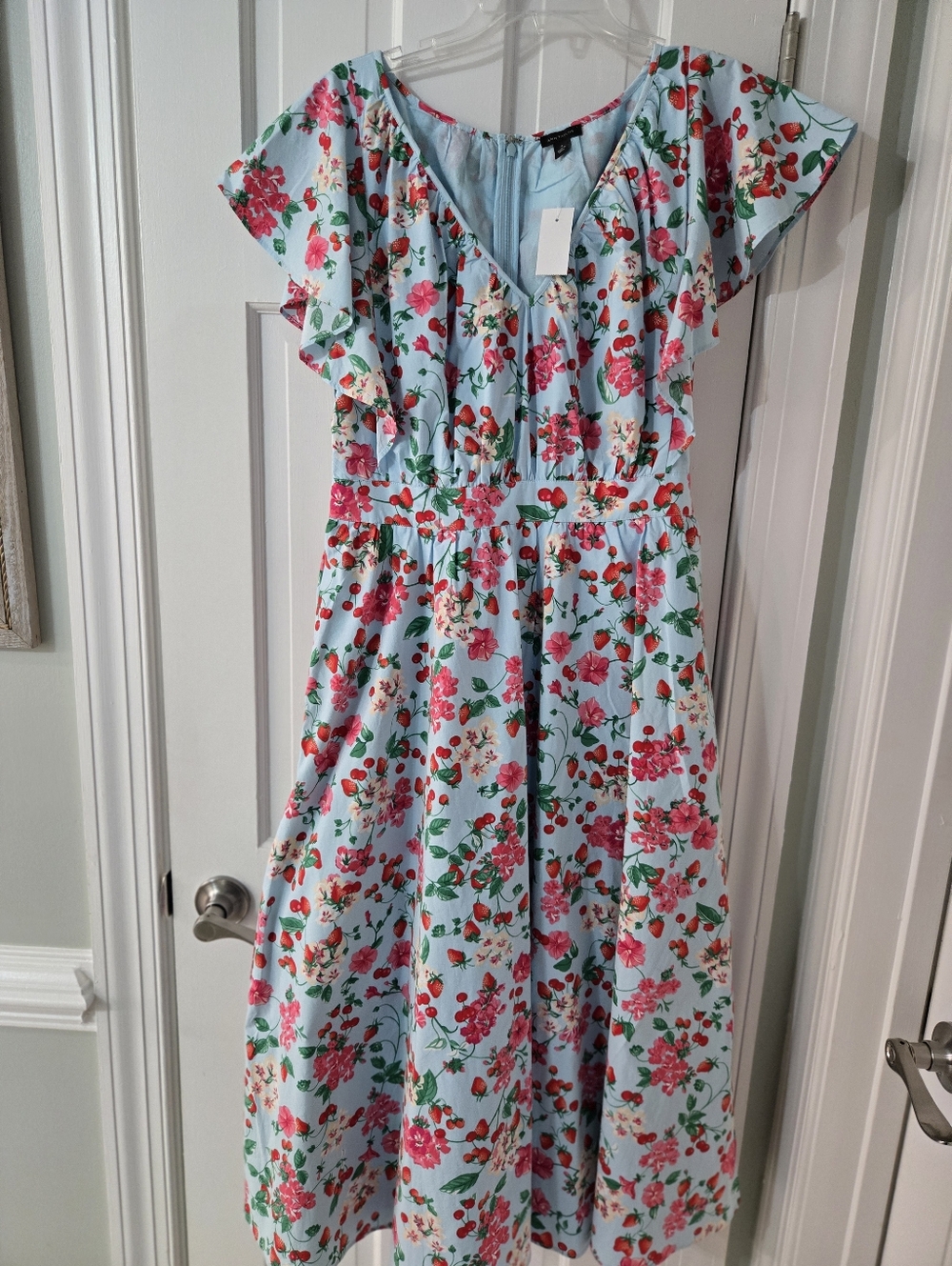 NWT Ann Taylor Floral Strawberry Flutter Sleeve Dress Blue Size 8 Pockets
